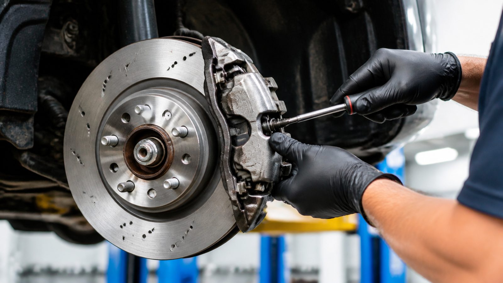 Kfz-Mechaniker bei Bremsen- und Motorarbeiten in der Werkstatt