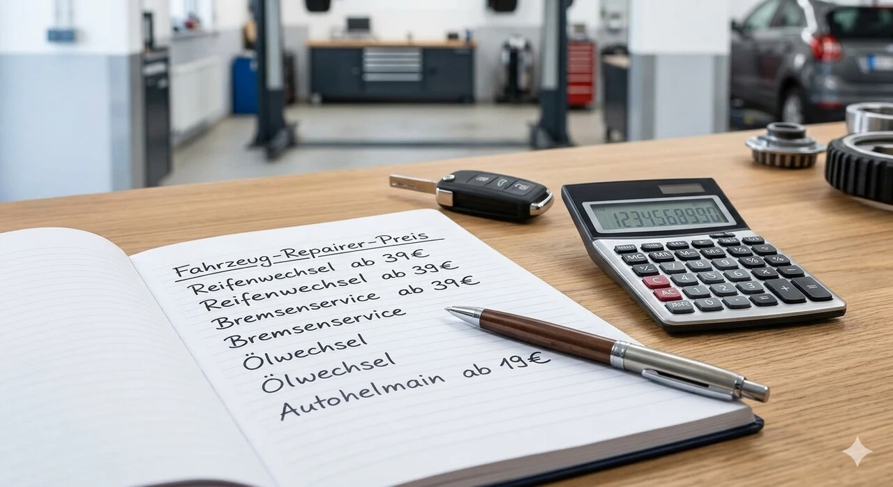 Nahaufnahme eines Schreibtisches in einer Kfz-Werkstatt w Berlin-West z einem Taschenrechner, einem Notizblock z handschriftlichen Notizen und einem Kugelschreiber, bereit für die Erstellung eines Kostenvoranschlags.