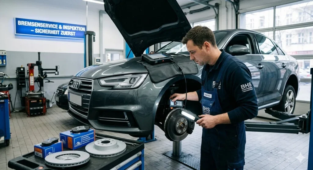 Kfz-Meister von BHS Hartmann prüft Bremsbeläge an einem Audi A4 auf dem hydraulischen Lift in Berlin-West.