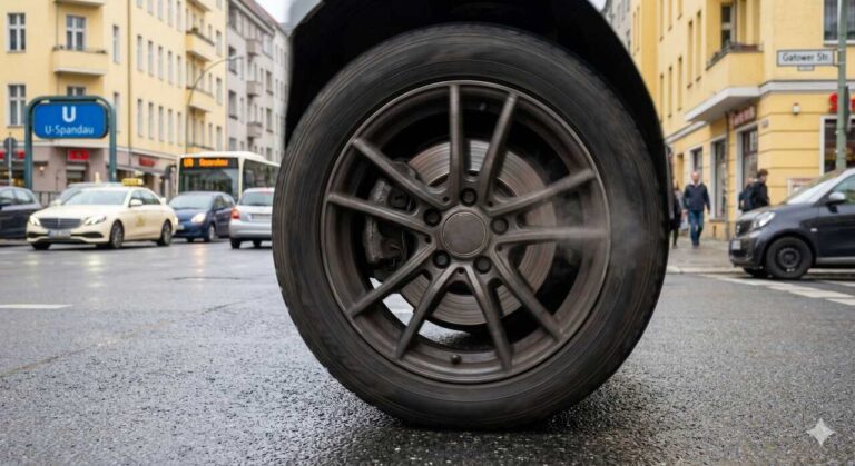 Quietschende Bremsen bei Stop-and-Go Verkehr in Berlin-Spandau, Gatower Str. Ein BHS Hartmann Kfz-Meister prüft die Bremsbeläge und Bremsscheiben.