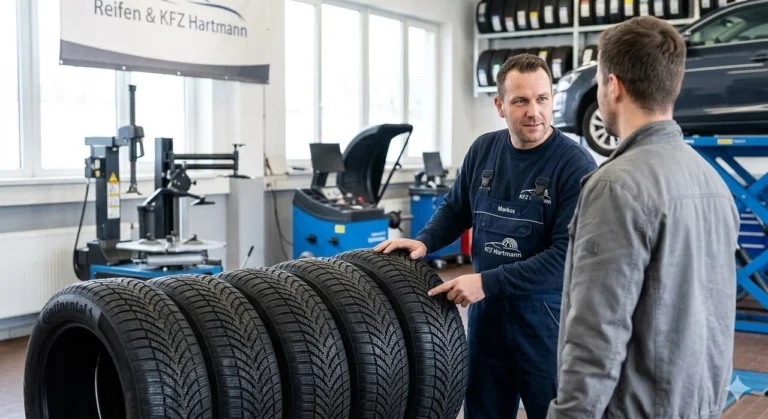 Profi-Reifenberatung bei Reifen & KFZ Hartmann in Berlin-West: Mechaniker erklärt Reifenprofil bei einem Kundengespräch.